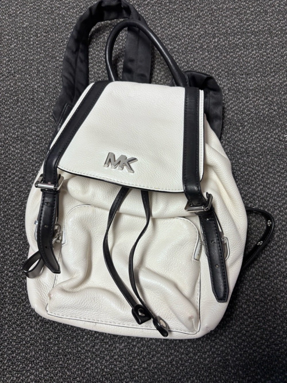 Michael Kors White and Black Pebbled Leather Drawstring Backpack